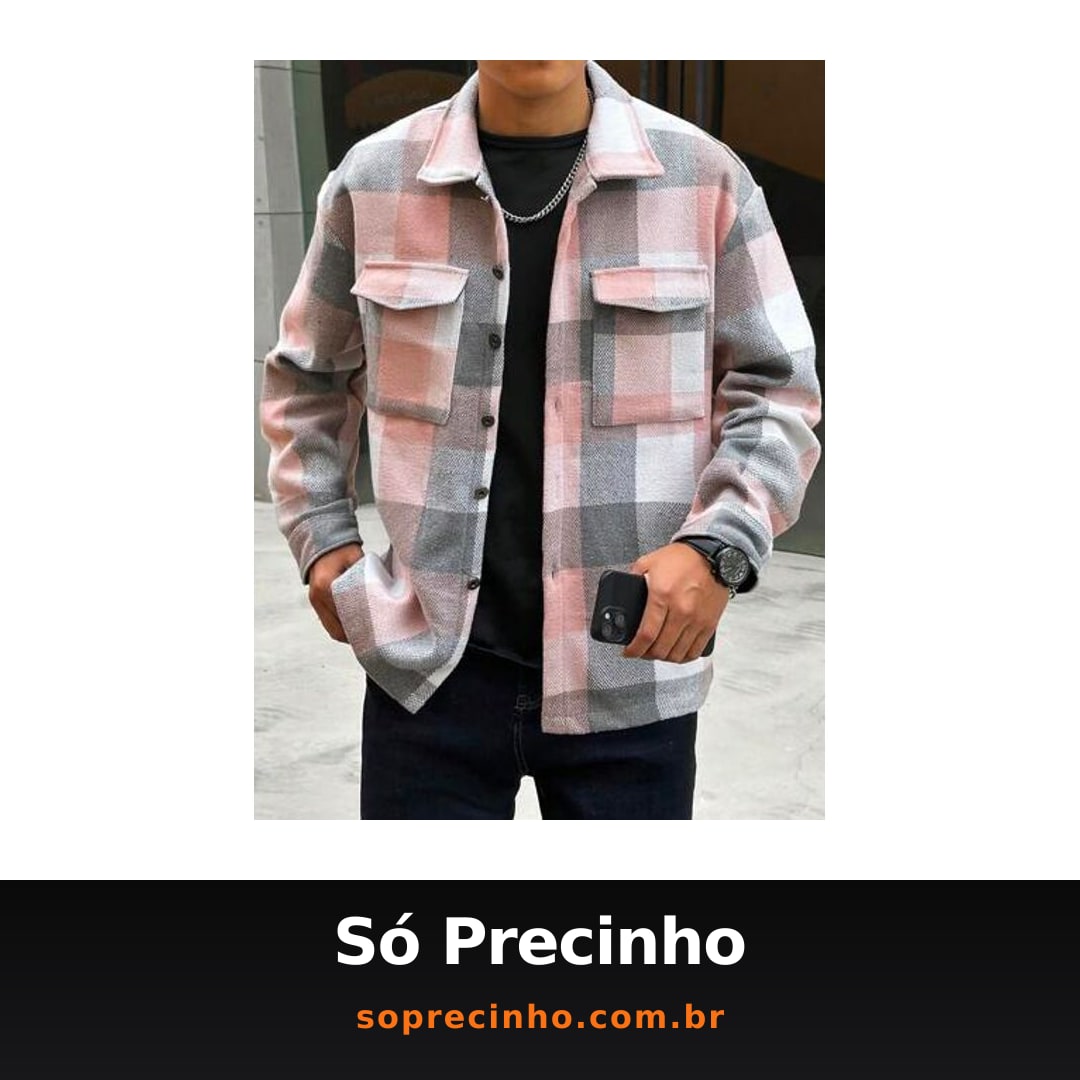 Manfinity Homme Jaqueta Xadrez de Manga Longa com Bolso e Botões na Frente para Homens, Uso Casual Diário, Streetwear, Outono/Inverno