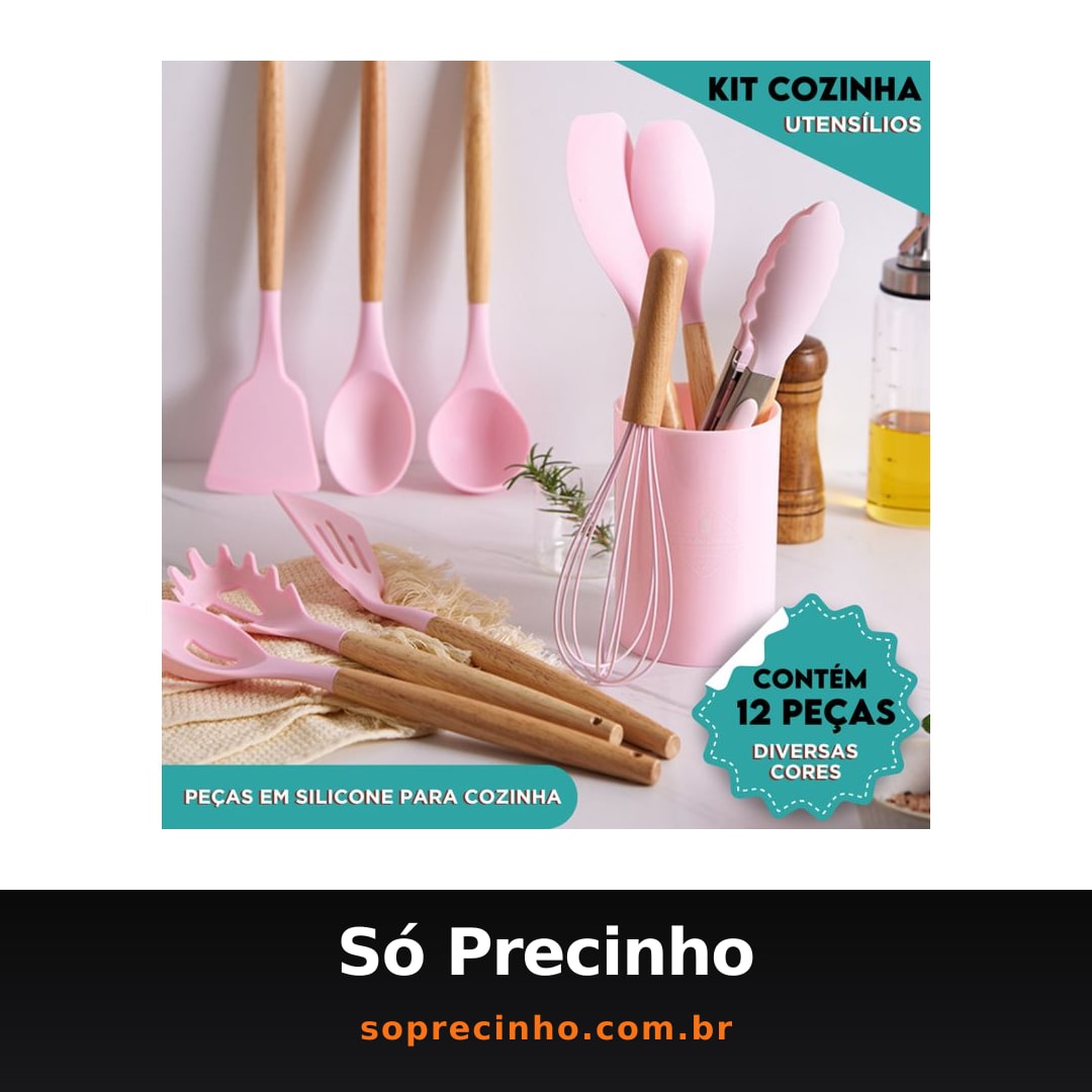 Kit Utensílios de Cozinha Com 5/12 Peças em Silicone com Cabo de Madeira Completo - CH
