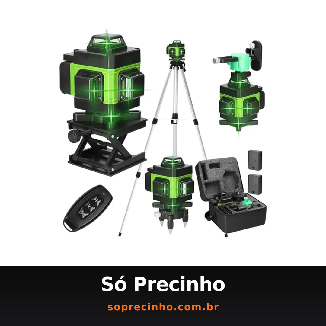 Kit Nível A Laser Verde 12 Linhas Esquadro + Suporte + Tripé