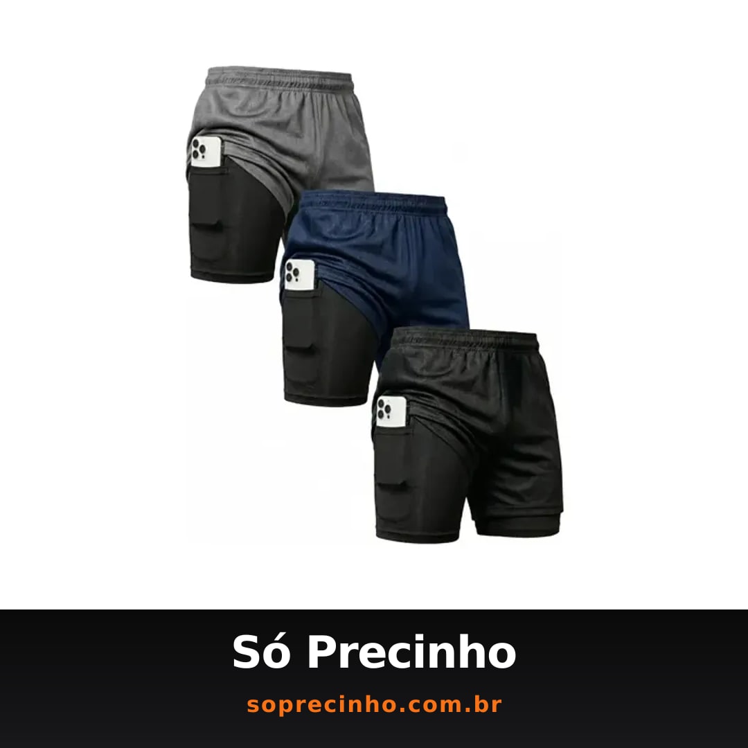 Kit 3 Shorts 2 Em 1 Duplo Bolso Para Academia Treino Corrida