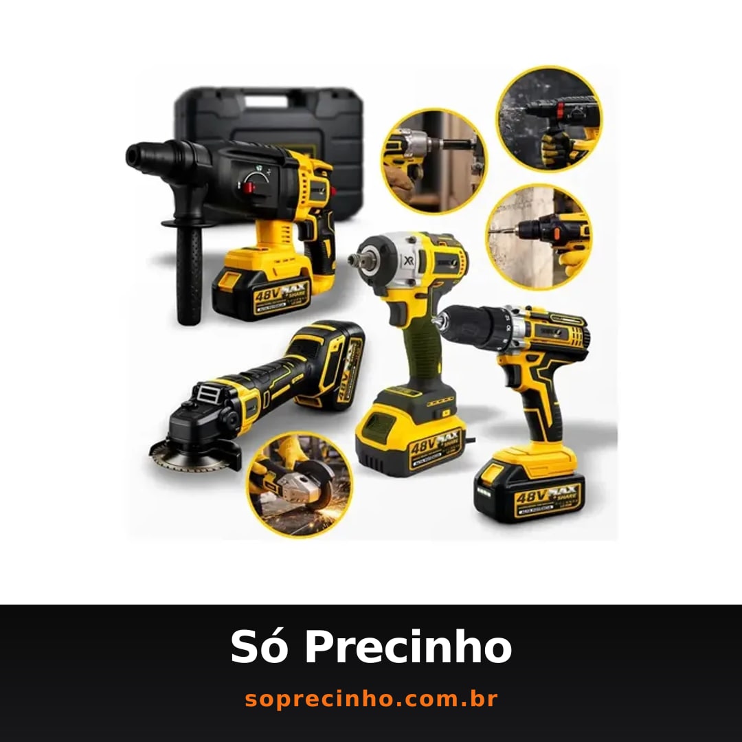 Kit Multi ferramentas 4 Em 1 48V Sem Fio Com 2 Baterias Furadeira Parafusadeira Martelete Esmerilhadeira Chave De Impacto Com Maleta Alta Potência Uso Profissional E Doméstico Simake