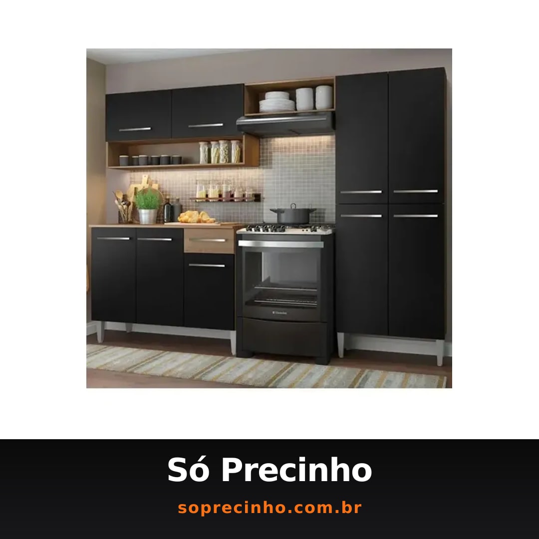 Armário de cozinha modulada completa compacta Emilly pop com armário e balcão cor rustic/preto GREM229002