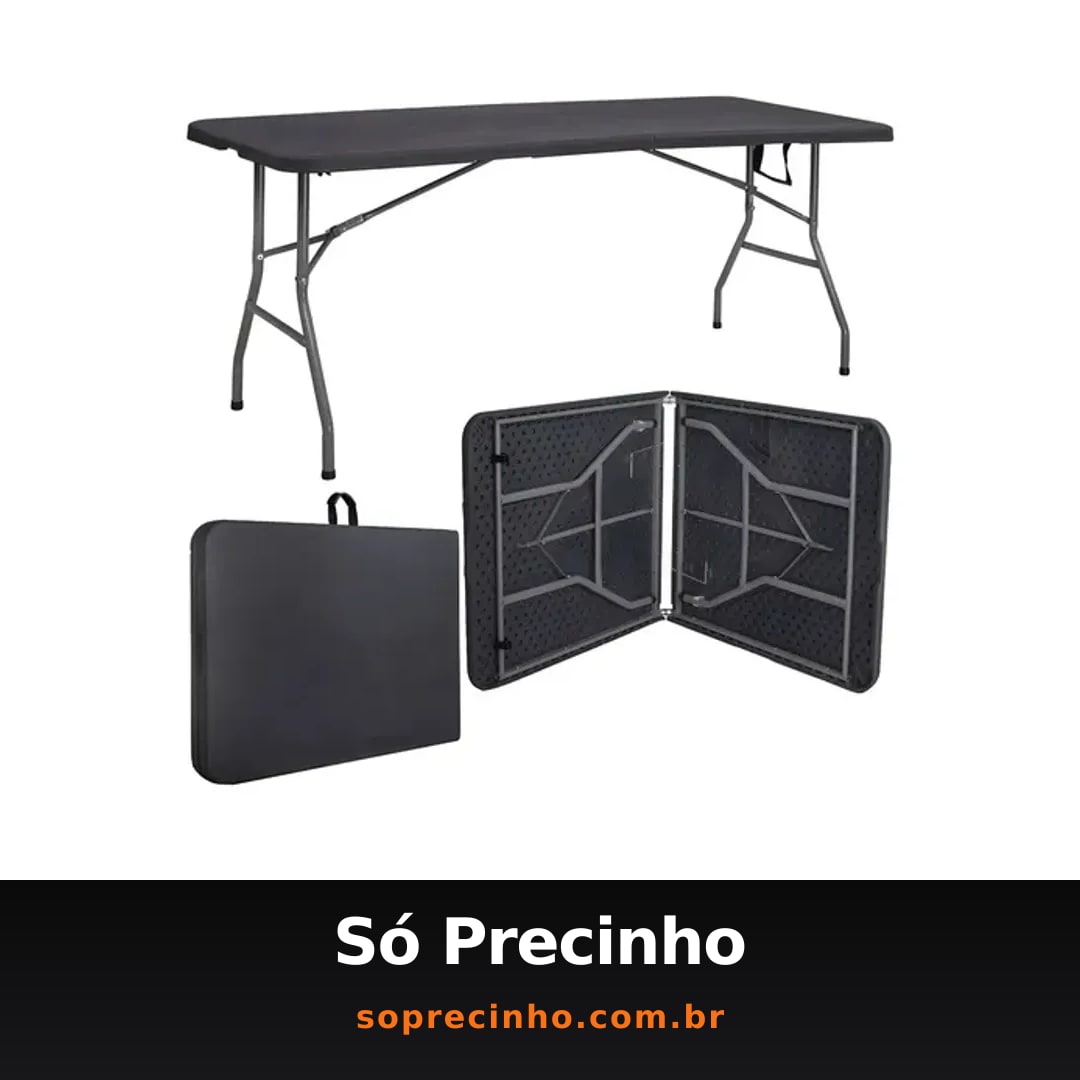 Mesa Dobrável Vira Maleta Com Alça Portátil 1.80m Para Camping Pesca Jardim Área Externa Ou Interna Salão De Festas Gourmet Cor Preto Luvinco