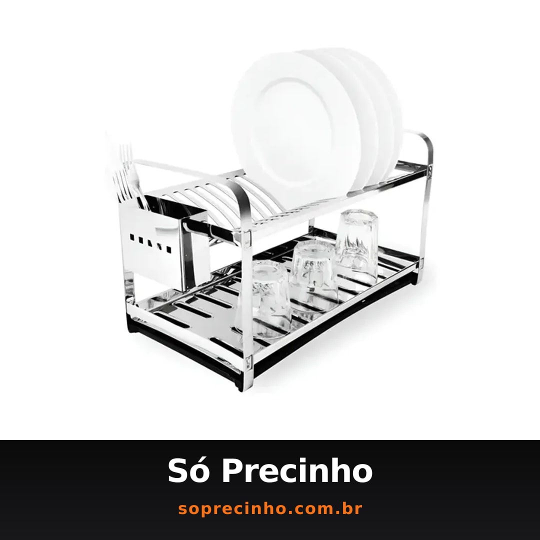 Escorredor de Louça Inox 20 Pratos 2 Andares Porta Talheres Prateado