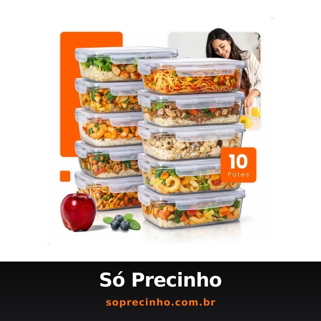Kit 10 Potes De Vidro Hermético 640ml Marmita Fitness 4 Travas Não Vaza Freezer Micro-ondas Forno Bpa Free Hold On