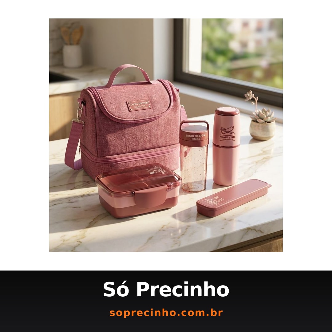 Kit de Bolsa Térmica c/ 2 Compartimentos, Copo e Marmita, Porta Talher e Porta Escova
