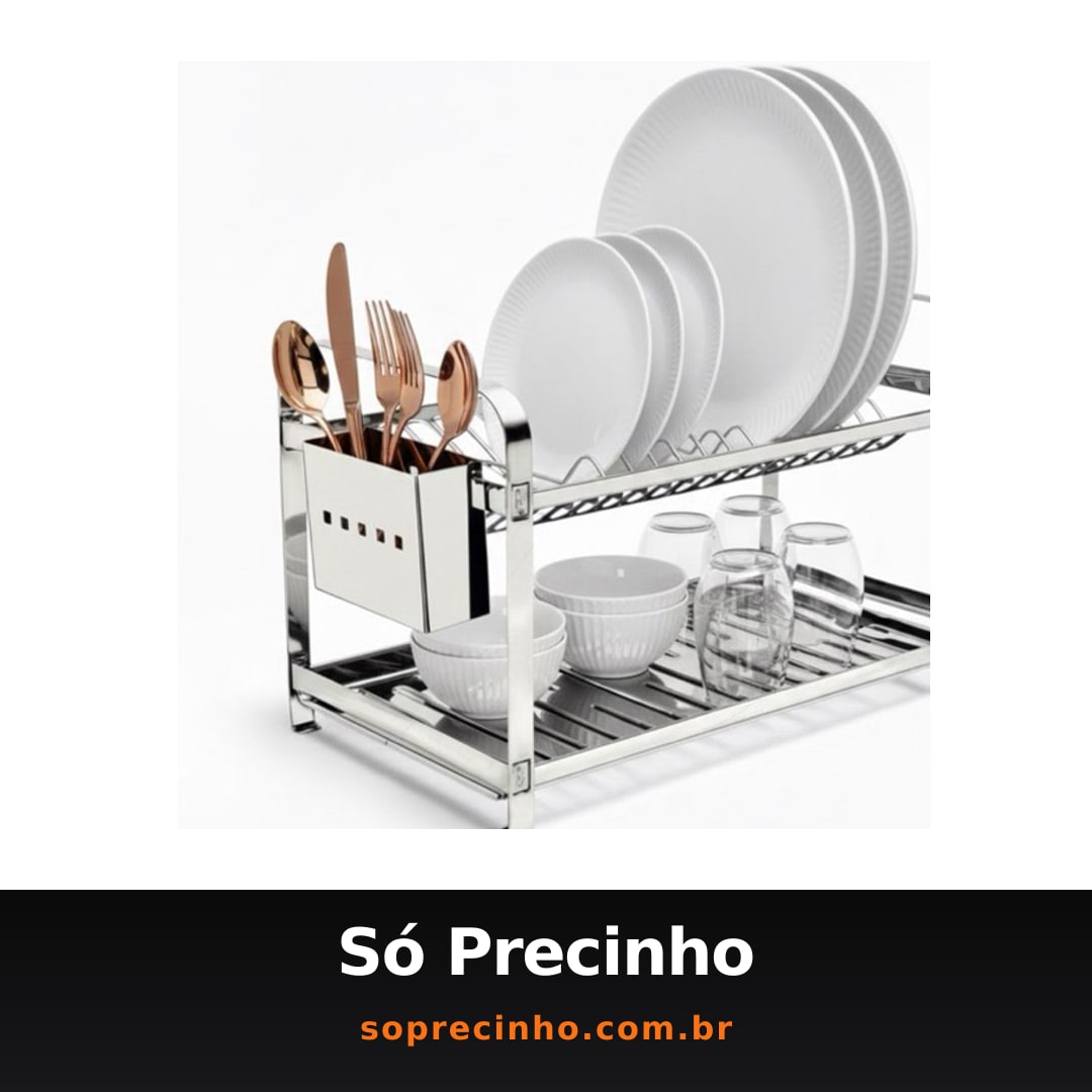 Escorredor de Pratos Inox Reforçado 16 Pratos com Porta Talheres Premium Cozinha Organização